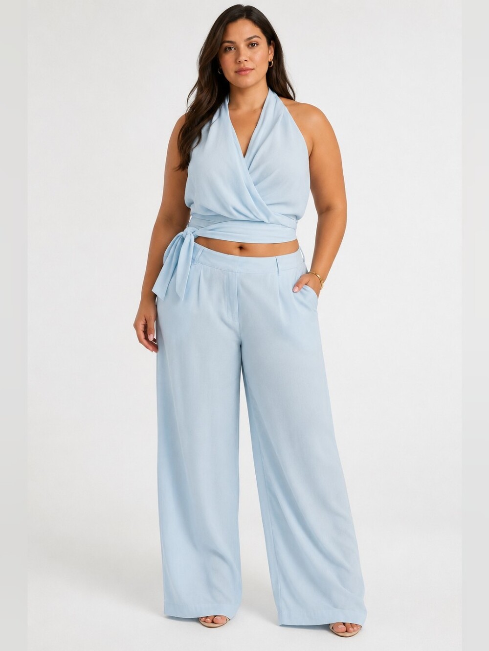 Wrap Halter Crop Top & Wide-Leg Pants Set - Light Blue Linen Blend Backless XL